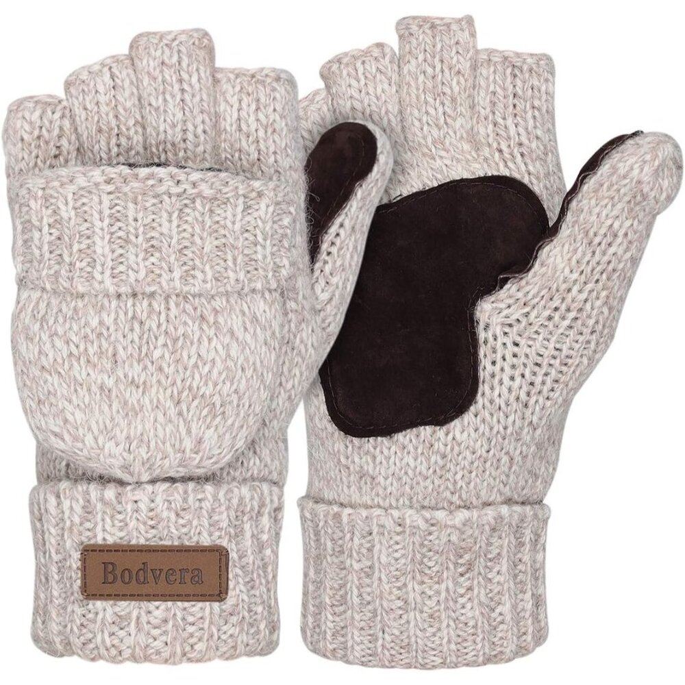 Women's Beige Thermal Wool Winter Warm Fingerless Knitted Mittens Flap Gloves